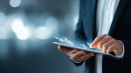 Businessman Trading Stocks on Tablet with Futuristic Financial Interface, Digital Investment and Online Market Concept

