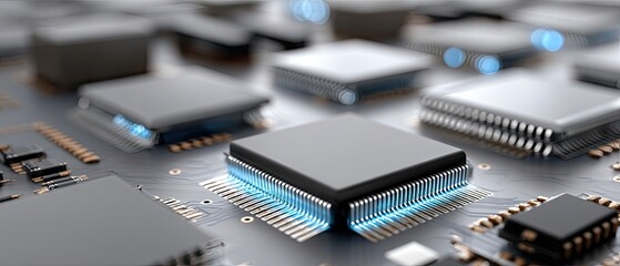 Detailed circuit board features a prominent chip and complex pathways with a clean, crisp background, enhancing the tech aesthetic