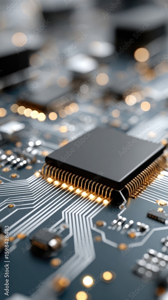 Poster detailed circuit board features a prominent chip and complex pathways with a clean, crisp background