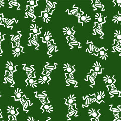 Seamless tribal pattern with abstract white dancing figures on a deep forest green background. Ideal for ethnic textiles, cultural art, and elegant decorative designs.