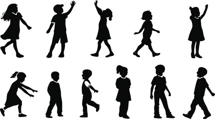 Fototapeta premium Group of twelve children silhouettes in various ages and poses