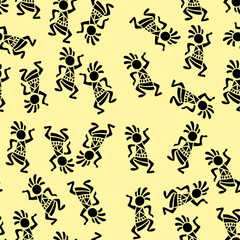 Abstract black dancing figures create a seamless tribal-inspired pattern on a soft pastel yellow background. Great for ethnic textiles, decorative accents, and cheerful cultural artwork.