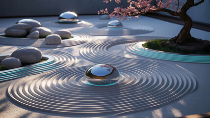 Serene Zen Garden With Polished Stones And Cherry Blossoms