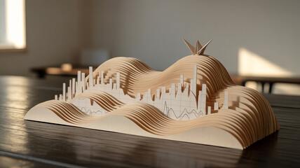 Layered paper landscape with financial charts paper model