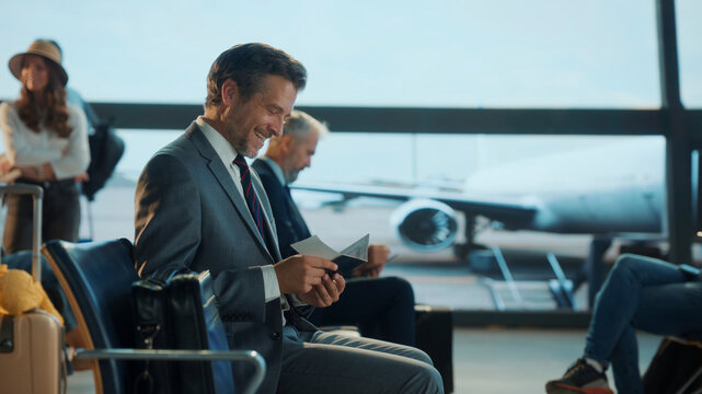 Smiling businessman reading passport and waiting for boarding in airport lounge