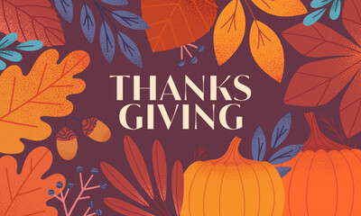 Thanksgiving day banner with pumpkins,acorns,leaves,berries,plants.Vector fall season holiday illustration.Autumn thanksgiving template for prints,ad,smm,branding,packaging,invitations,covers