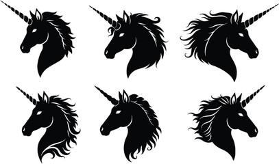 Vector art of set of black unicorn head silhouettes isolated on white background in various styles