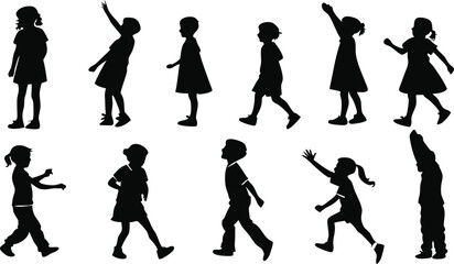 Fototapeta premium Diverse group of twelve children silhouettes aged four to eight in various poses