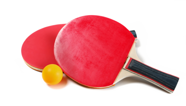 Two ping pong racket with orange ball, isolated on white background, sport	