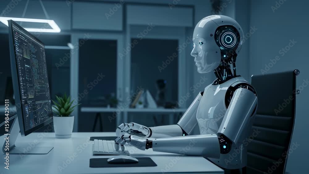 Poster robot working with computer. humanoid using keyboard in office. ai and machine learning. future tech
