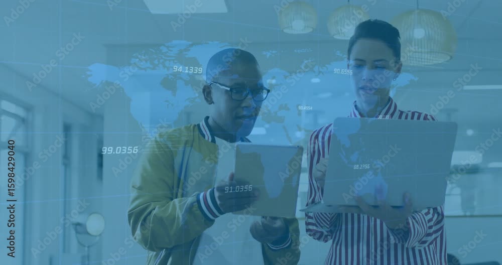 Poster man opening world map overlay with data points while woman aligning laptop for business analysis