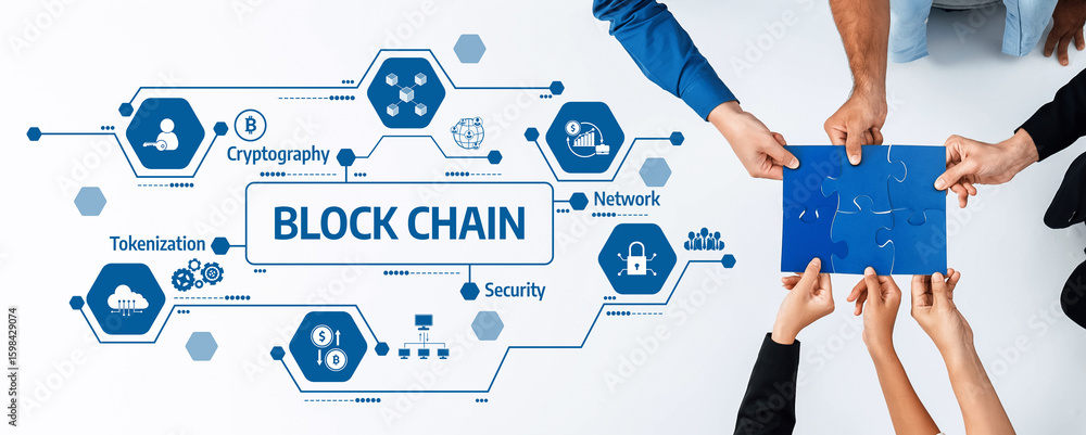Poster hands work together to piece together a puzzle while emphasizing blockchain technology, showcasing k