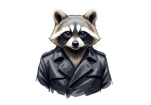 Raccoon in Black Trench Coat Futuristic Bodyguard Serious Look - A stylish raccoon dressed as a futuristic bodyguard exuding confidence and seriousness in a sleek black trench coat perfect for a
