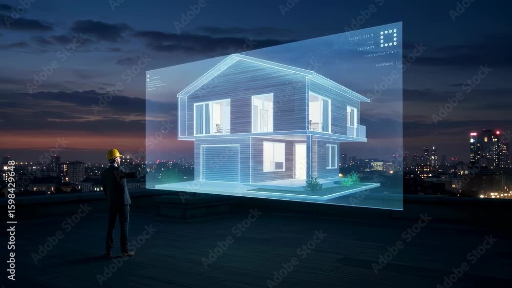 Aufkleber man architect creates building project hologram. male engineer working with virtual reality home des