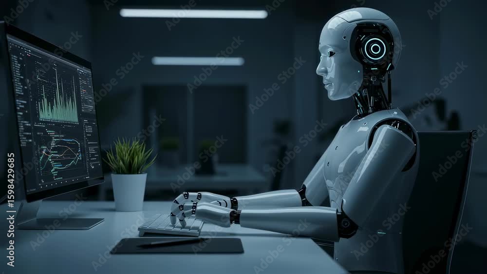 Poster Advanced robot typing on keyboard in office with digital charts on monitor. Artificial intelligence processing data automation.