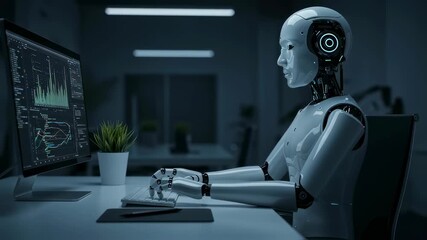 Advanced robot typing on keyboard in office with digital charts on monitor. Artificial intelligence processing data automation. - Powered by Adobe