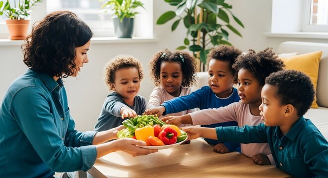 Young Children and Educator Examining Fresh Produce Promoting Healthy Eating Habits