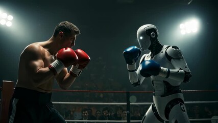 A man boxer fighting a robot on a boxing ring. Artificial intelligence versus human strength and competition footage. - Powered by Adobe