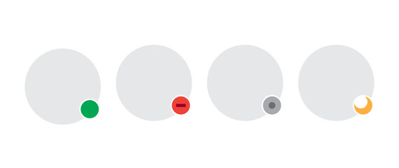 Avatar photo placeholder with icons that indicates status of the user. Available, busy, offline, invisible, away, afk, away from keyboard. Vector illustration. 
