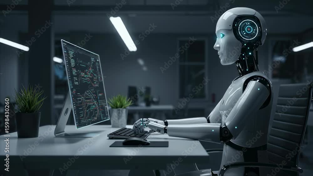 Poster intelligent robot typing on computer keyboard in modern office. advanced android working, processing