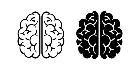 Brain icon set. A simple and clean illustration of a human brain in both outline and solid black design. Represents intelligence, thought, and medical concepts.