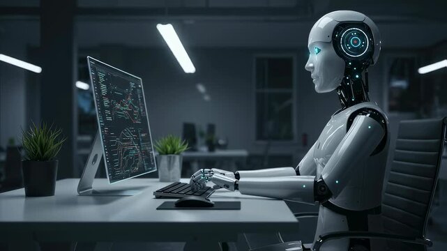 Intelligent robot typing on computer keyboard in modern office. Advanced android working, processing data for future technology footage.