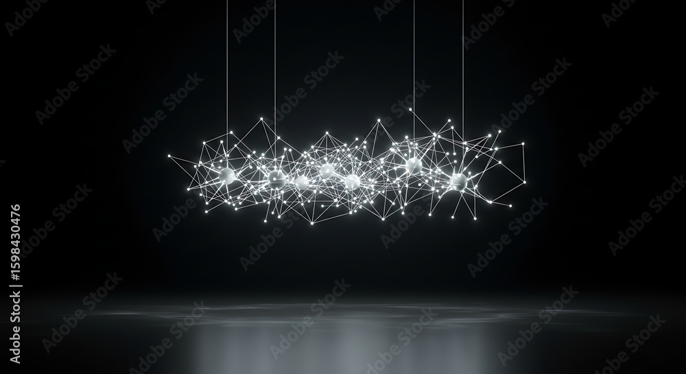 Poster celestial light: modern art piece with delicate, interconnected glowing nodes suspended against a da