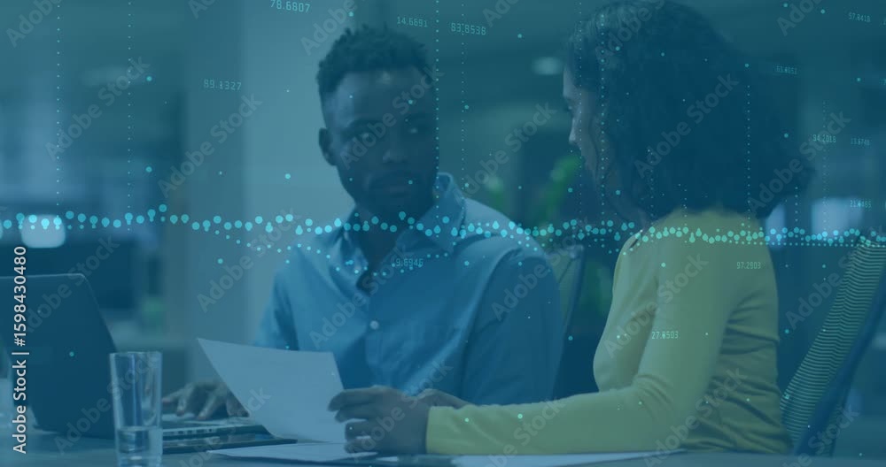 Poster coworkers typing and shifting report while animated overlay revealing data insights for review