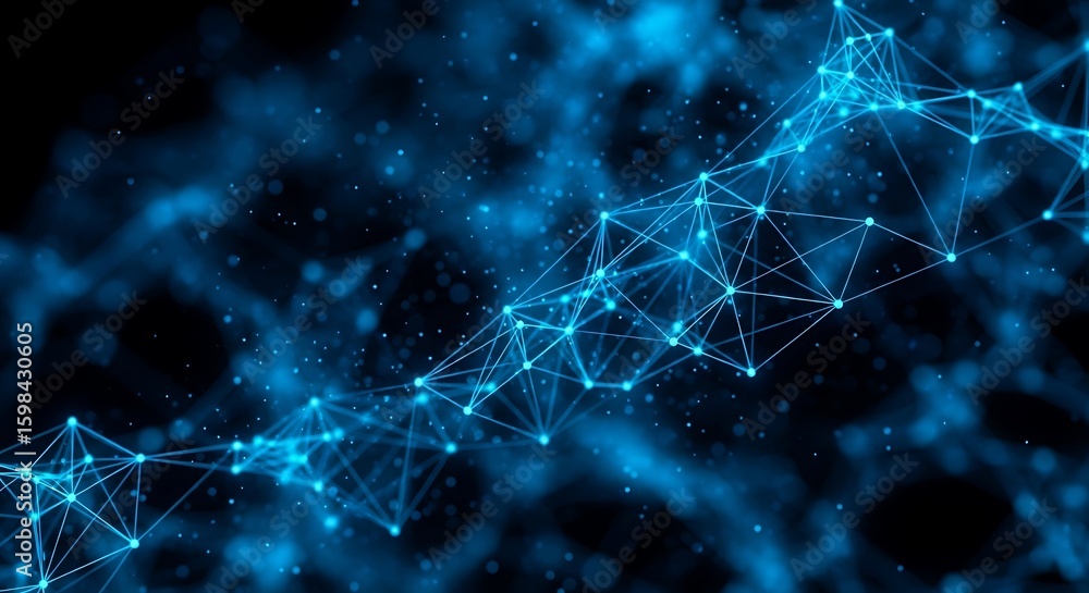 Poster abstract network of interconnected nodes and lines glowing in blue, representing connection, technol