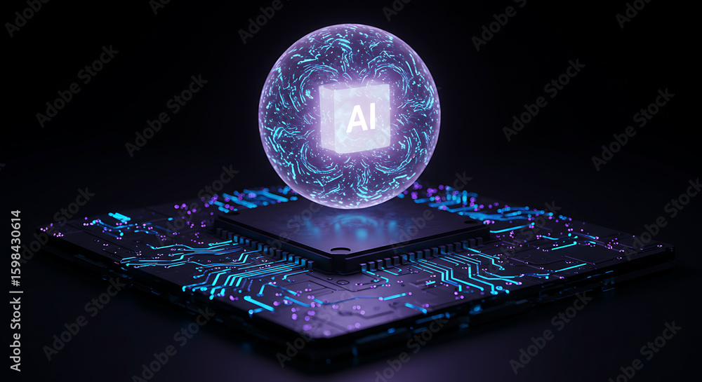 Aufkleber ai chip: an artistic portrayal of the future with a glowing ai concept sphere resting on top of a so