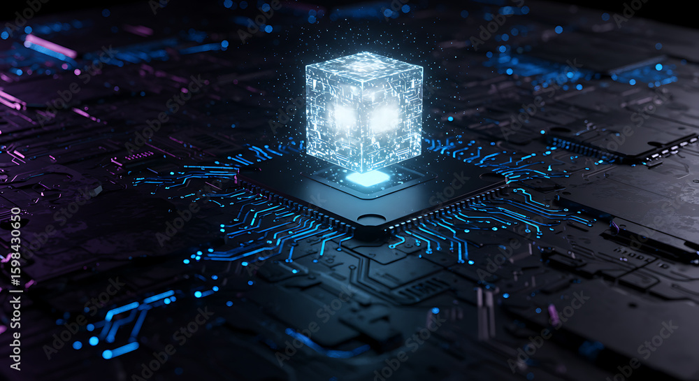 Aufkleber quantum core: a glowing cubic form pulsates at the heart of an integrated circuit, evoking the essen