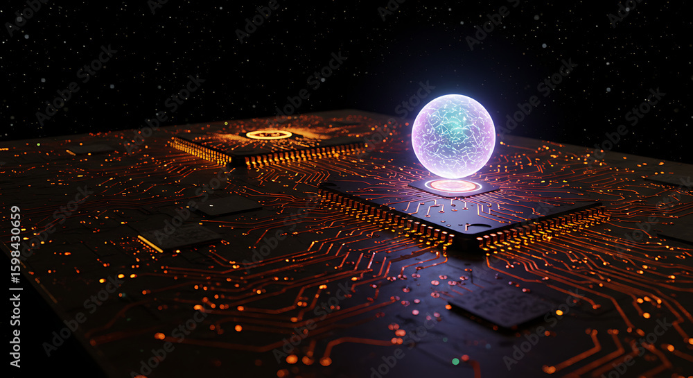 Aufkleber quantum computing: a futuristic visualization of a quantum computer, depicting a glowing orb of ener