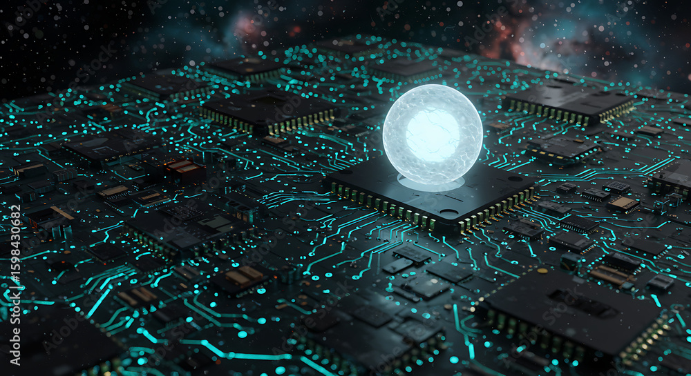 Poster digital realm: an abstract digital artwork showcases an illuminated core on a circuit board, set aga