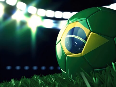 Brazilian soccer ball on grass under stadium lights