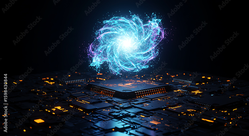 Poster energy core unleashed: an abstract representation of a glowing energy core over a circuit board, emp