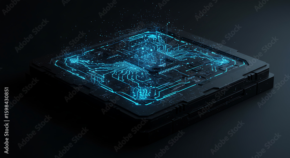 Poster cybernetic core: a captivating digital rendering showcases a sleek, futuristic central processing un