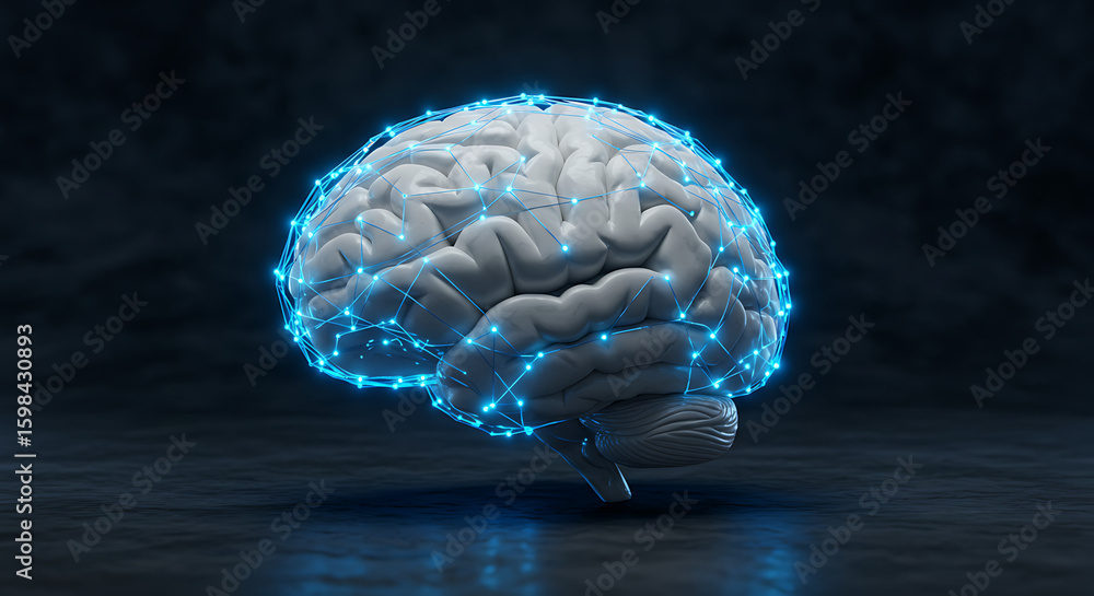 Aufkleber human brain with glowing neural network: a modern depiction of the human brain, illuminated by a glo