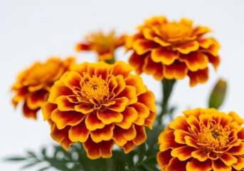 Fototapeta premium Vibrant Marigold Flowers in Bloom - A close-up of vibrant orange and yellow marigold flowers, showcasing their intricate details against a soft white background
