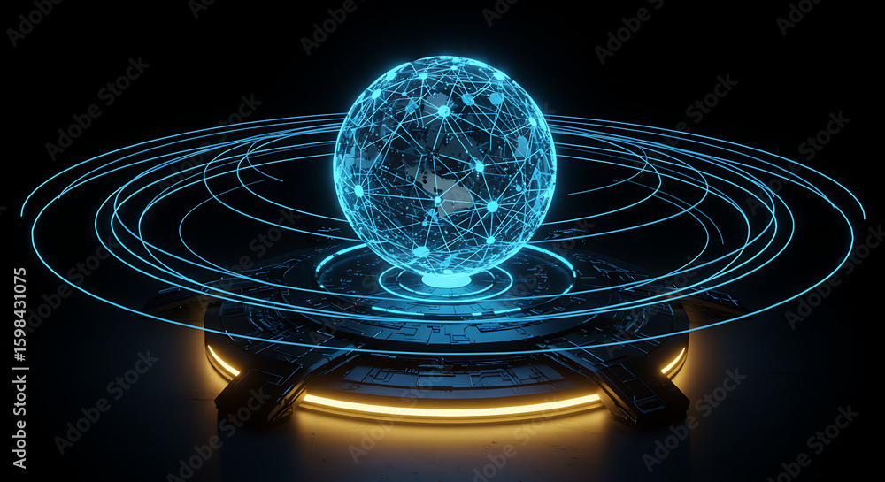Poster global technological blueprint: a mesmerizing spherical structure pulses with futuristic energy, its