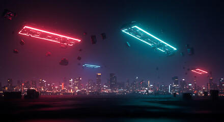 City Skyline at Night: Futuristic cityscape with hovering neon lights, showcasing a modern urban environment with glowing structures against a dark, starlit backdrop. 