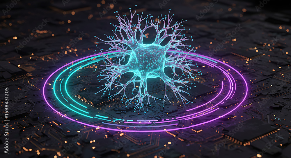 Poster neural network in focus: a captivating digital depiction of a neural network, with intricate interco