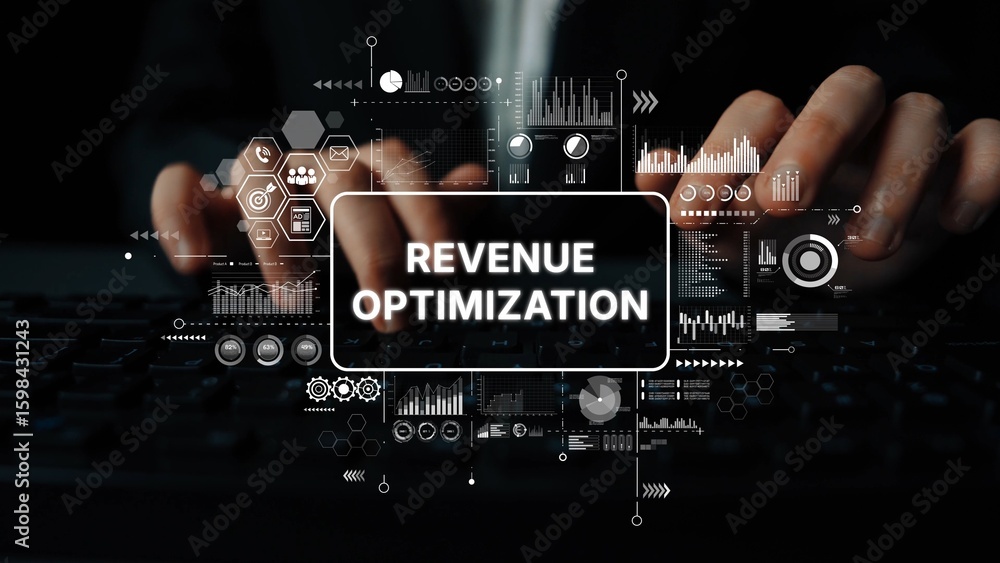 Poster digital revenue optimization concept with hands typing on keyboard and graphical data elements in ba