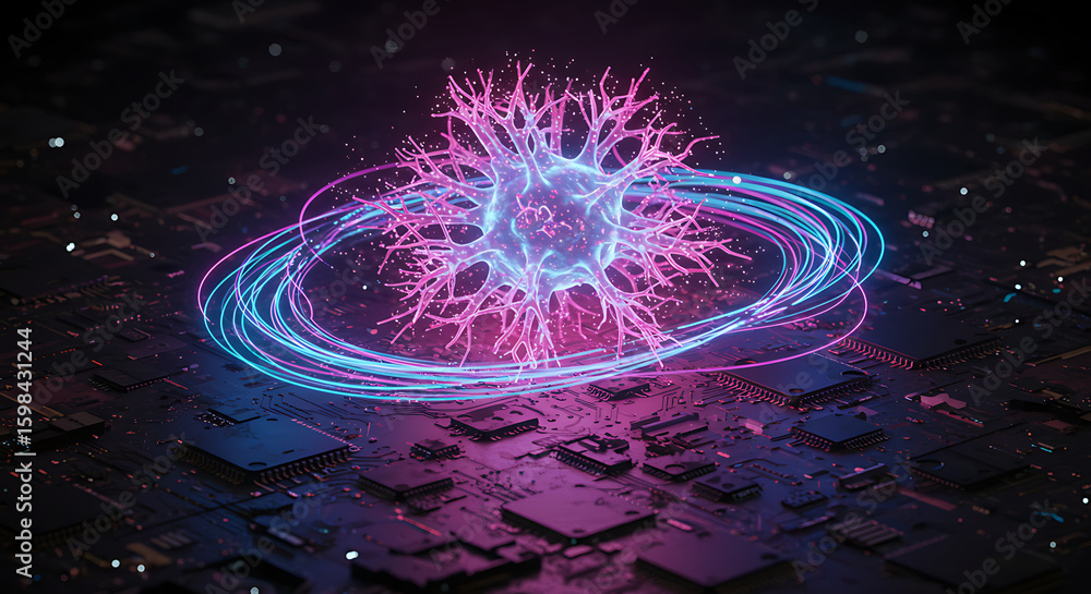 Aufkleber digital neuron: a futuristic view of a glowing neuron nestled amidst a network of circuits. this vib