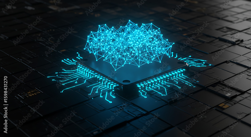 Aufkleber digital brainwave: an intricately designed digital brainwave illuminates atop a computer chip, symbo
