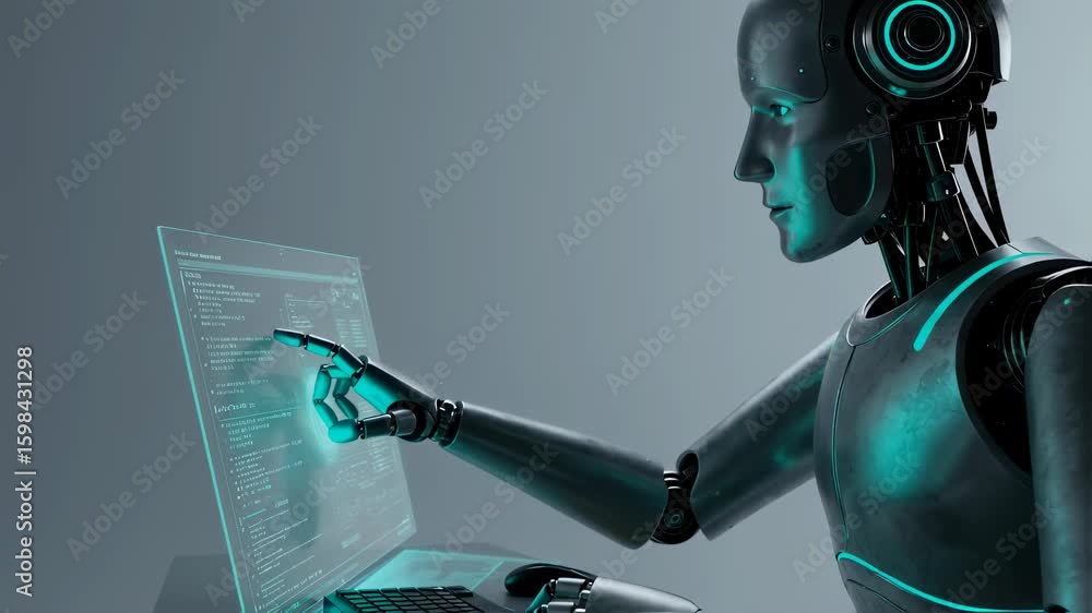 Poster Robot uses keyboard on transparent screen. Future technology assistant working with a virtual computer display. AI concept footage.