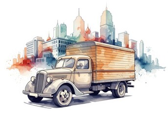 Vintage Truck with City Skyline Background - A charming vintage truck parked against a colorful city skyline backdrop, symbolizing urban life, nostalgia, transportation, commerce, and adventure