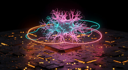 Digital Neuron in Data Realm: A glowing digital neuron, central to the intricate circuits of artificial intelligence, rests on a circuit board, representing innovation and neural science.