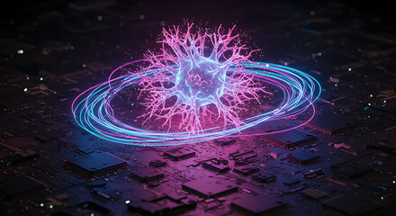 Digital Neuron: A futuristic view of a glowing neuron nestled amidst a network of circuits. This vibrant image evokes the essence of the human mind and the relentless advancement of technology.