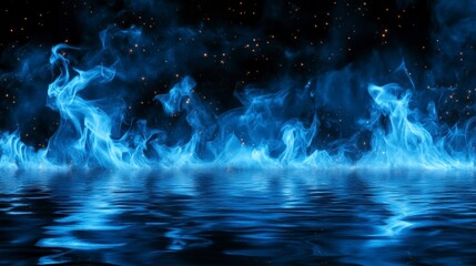 Abstract blue flames reflected in water, dark background with sparks.