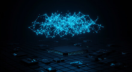 Digital Cloud's Embrace:  A luminous cloud of interconnected nodes hovers above a central processing unit, representing the essence of big data, digital transformation, and cloud computing. 